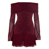 Off shoulder long sleeve mesh ruched mini dress