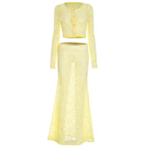 Long sleeve lace button crewneck maxi skirt set