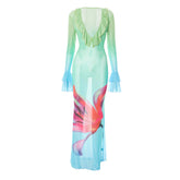 Long flared sleeve v neck mesh flower print ruffle maxi dress