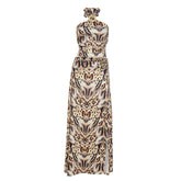 Leopard print halter high slit maxi skirt set