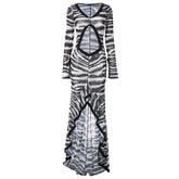 Zebra print hollow out slit ruffle cut out maxi dress