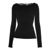 Crewneck long sleeve lace patchwork top
