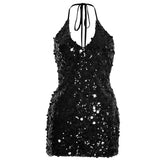 Halter glitter self tie backless mini dress