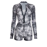 Long sleeve abstract zip-up mesh short pant set