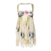 Ruched print flower applique mesh top