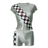 Crewneck short sleeve plaid print pant set