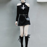 Long sleeve off shoulder cross pattern mini dress