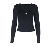 Hollow out v neck long sleeve ruched cut out top