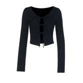 Long sleeve v neck self tie hollow out textured cut out top