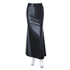 PU leather zip-up solid maxi skirt