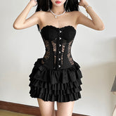 Sweetheart neck button ruffle lace mini dress