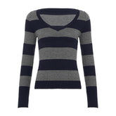 Striped print v neck long sleeve top
