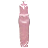 Halter slit feather backless maxi dress