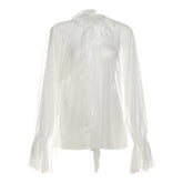See through long sleeve ruffle crewneck top