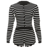 Long sleeve button striped crewneck pant set