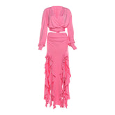 Long sleeve v neck self tie slit maxi skirt set