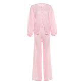 Long sleeve button crewneck hollow out pant set