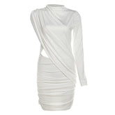 Irregular long sleeve ruched solid mini dress