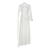 High neck ruched solid maxi skirt set