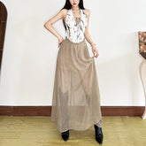 Halter v neck backless print ruffle maxi dress