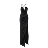 Cross front ruched high slit cami maxi dress