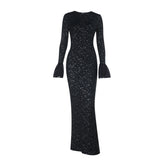 Long flared sleeve crewneck slit maxi dress