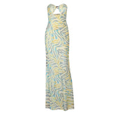 Ripple print hollow out mesh tube cut out maxi dress