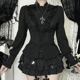 Long sleeve lace hem button self tie top