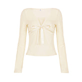 Bowknot long sleeve v neck lace top