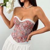 Sweetheart neck lace hem print zip-up tube top