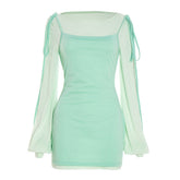 Long sleeve gloves crewneck self tie mini dress