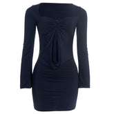 Hollow out long sleeve ruched solid cut out mini dress