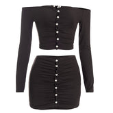 Ruched off shoulder long sleeve mini skirt set