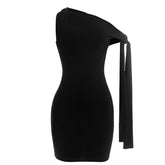 Self tie irregular one shoulder solid mini dress