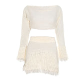 Raw hem long sleeve knitted solid mini skirt set