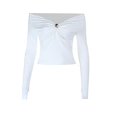 Off shoulder glitter long sleeve ruched top