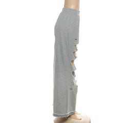 Ripped medium rise solid wide leg pant