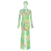 Long sleeve crewneck print sheer mesh maxi dress