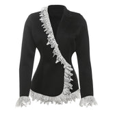 Long sleeve turnover collar lace hem button top