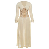 Hollow out v neck long sleeve knitted cut out maxi dress