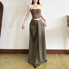 Irregular zip-up ruched solid maxi skirt