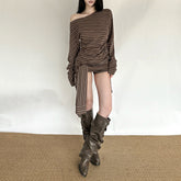 Long sleeve striped one shoulder ruched top
