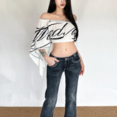 Irregular off shoulder print self tie crop top