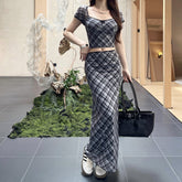 Plaid bowknot slit short sleeve mini skirt set
