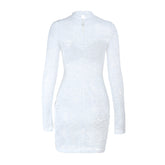 Long sleeve lace see through ruched mini dress