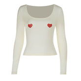 U neck long sleeve sweetheart print o ring top