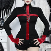 High neck cross pattern long sleeve top