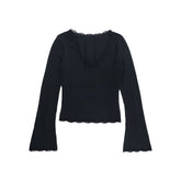 V neck long sleeve lace hem solid top
