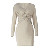 V neck ruched long sleeve mini dress