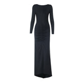 Backless long sleeve ruched maxi dress